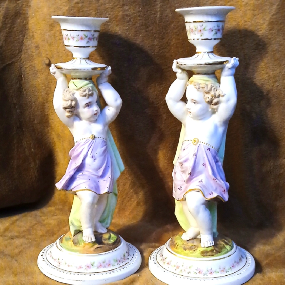 Elegant Antique Ceramic Cherub Candle Holders